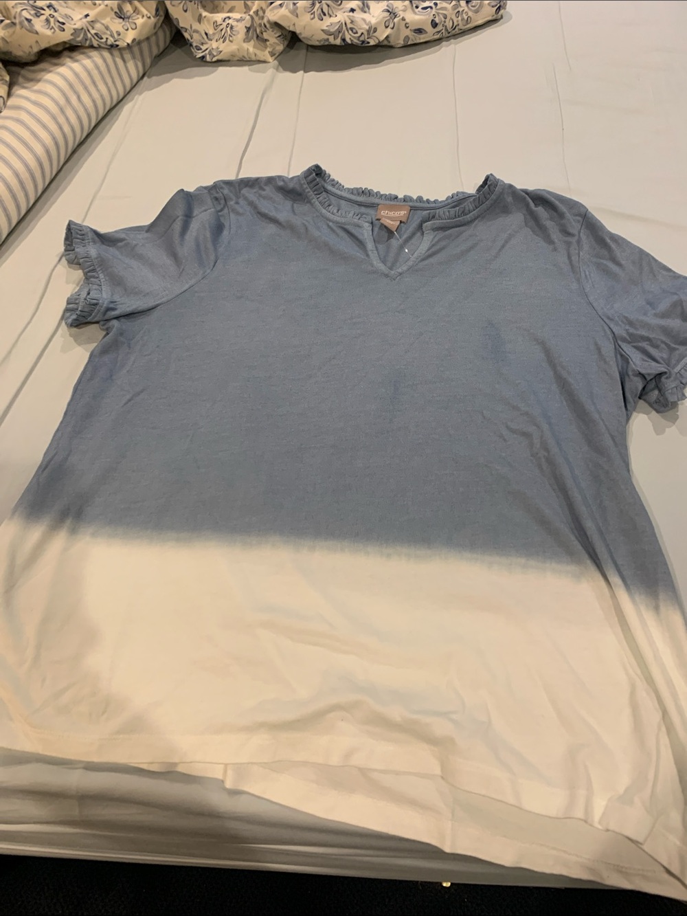 Chico's Dusty Blue Ruffle Trim V-Neck Top